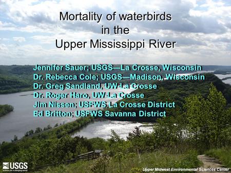 Upper Midwest Environmental Sciences Center Mortality of waterbirds in the Upper Mississippi River Jennifer Sauer; USGS—La Crosse, Wisconsin Dr. Rebecca.