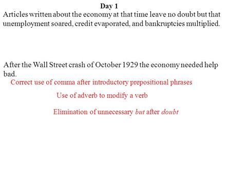 Day 1 Articles written about the economy at that time leave no doubt but that unemployment soared, credit evaporated, and bankruptcies multiplied. After.