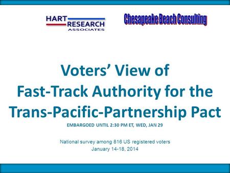 Voters’ View of Fast Track Authority for TPP Pact – January 2014 – Hart Research/Chesapeake Beach Consulting National survey among 816 US registered voters.