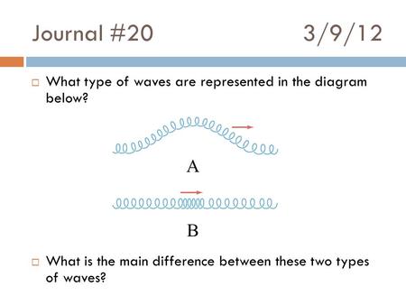Journal #20 3/9/12  What type of waves are represented in the diagram below?  What is the main difference between these two types of waves? A B.
