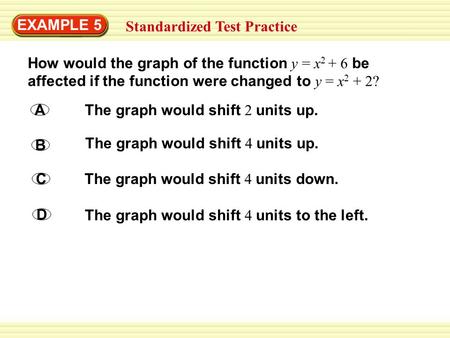 EXAMPLE 5 Standardized Test Practice How would the graph of the function y = x 2 + 6 be affected if the function were changed to y = x 2 + 2? A The graph.