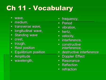 Ch 11 - Vocabulary  wave,  medium,  transverse wave,  longitudinal wave,  Standing wave  crest,  trough,  Rest position  Equilibrium position.