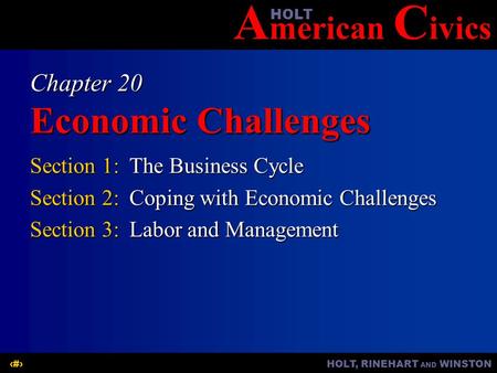 A merican C ivicsHOLT HOLT, RINEHART AND WINSTON1 Chapter 20 Economic Challenges Section 1:The Business Cycle Section 2:Coping with Economic Challenges.