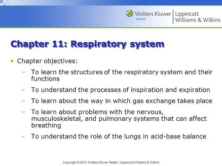 Copyright © 2013 Wolters Kluwer Health | Lippincott Williams & Wilkins Chapter 11: Respiratory system Chapter objectives: –To learn the structures of the.