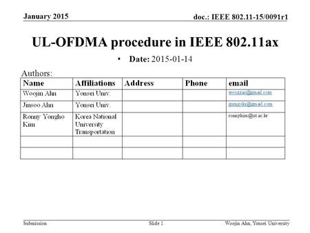 Submission doc.: IEEE 802.11-15/0091r1 January 2015 Woojin Ahn, Yonsei UniversitySlide 1 UL-OFDMA procedure in IEEE 802.11ax Date: 2015-01-14 Authors: