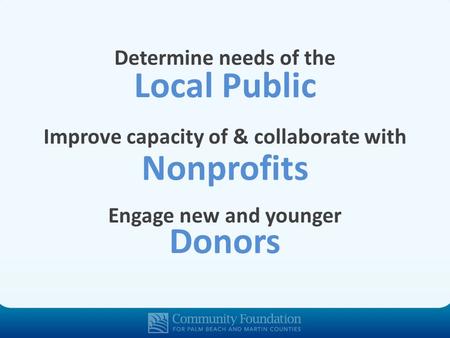 Local Public Determine needs of the Nonprofits Improve capacity of & collaborate with Donors Engage new and younger.
