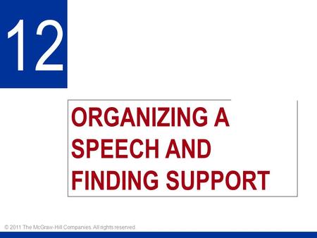 ORGANIZING A SPEECH AND FINDING SUPPORT 12 © 2011 The McGraw-Hill Companies. All rights reserved.