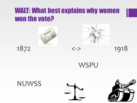 WALT: What best explains why women won the vote? 1872 1918 NUWSS WSPU.