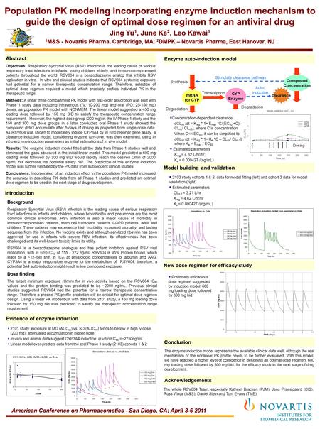 American Conference on Pharmacometics –San Diego, CA; April 3-6 2011 Population PK modeling incorporating enzyme induction mechanism to guide the design.