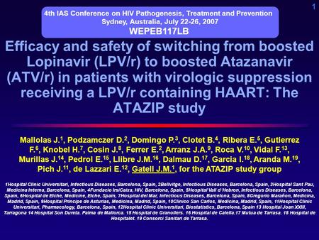 1 Efficacy and safety of switching from boosted Lopinavir (LPV/r) to boosted Atazanavir (ATV/r) in patients with virologic suppression receiving a LPV/r.
