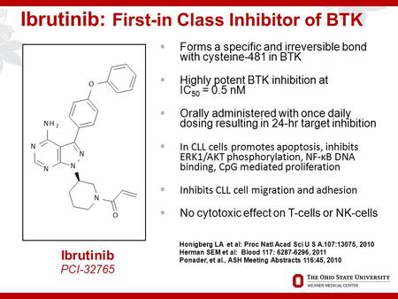 Ibrutinib: First-in Class Inhibitor of BTK  Forms a specific and irreversible bond with cysteine-481 in BTK  Highly potent BTK inhibition at IC 50 =