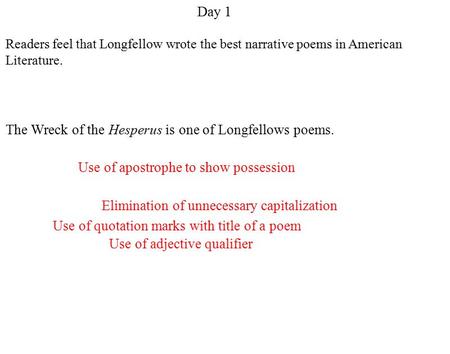 Readers feel that Longfellow wrote the best narrative poems in American Literature. Use of apostrophe to show possession Use of adjective qualifier Elimination.