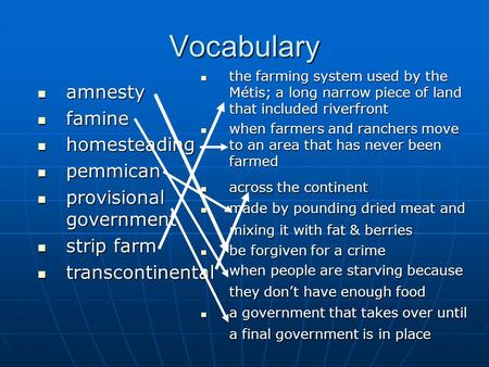 Vocabulary amnesty amnesty famine famine homesteading homesteading pemmican pemmican provisional government provisional government strip farm strip farm.