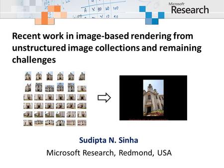 Recent work in image-based rendering from unstructured image collections and remaining challenges Sudipta N. Sinha Microsoft Research, Redmond, USA.