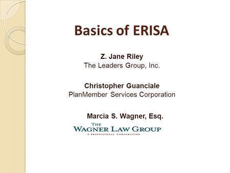 Marcia S. Wagner, Esq. Z. Jane Riley The Leaders Group, Inc. Christopher Guanciale PlanMember Services Corporation Basics of ERISA.