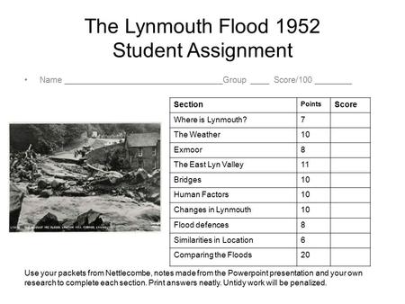 The Lynmouth Flood 1952 Student Assignment Name __________________________________Group ____ Score/100 ________ Section Points Score Where is Lynmouth?7.