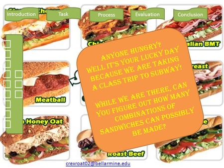 IntroductionTask Evaluation Conclusion Process Anyone hungry? Well it’s your lucky day because we are taking a class trip to Subway! While we are there,