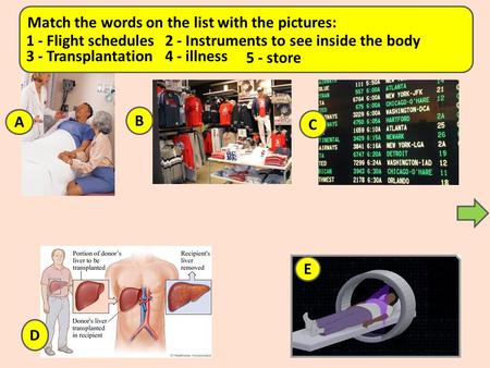Match the words on the list with the pictures: A B C D E 1 - Flight schedules2 - Instruments to see inside the body 3 - Transplantation4 - illness 5 -