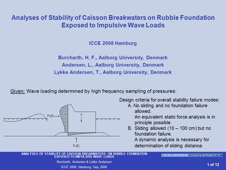ANALYSES OF STABILITY OF CAISSON BREAKWATERS ON RUBBLE FOUNDATION EXPOSED TO IMPULSIVE WAVE LOADS Burcharth, Andersen & Lykke Andersen ICCE 2008, Hamburg,