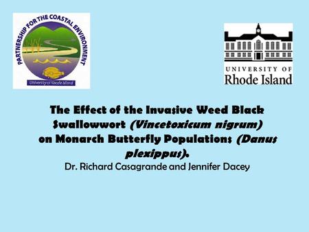 The Effect of the Invasive Weed Black Swallowwort (Vincetoxicum nigrum) on Monarch Butterfly Populations (Danus plexippus). Dr. Richard Casagrande and.