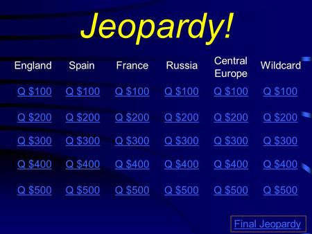 Jeopardy! EnglandSpainFranceRussia Central Europe Q $100 Q $200 Q $300 Q $400 Q $500 Q $100 Q $200 Q $300 Q $400 Q $500 Final Jeopardy Wildcard Q $100.