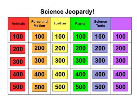 Science Jeopardy! Animals Force and Motion Plants Science Tools 100