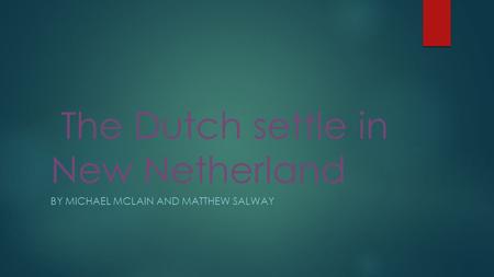 The Dutch settle in New Netherland BY MICHAEL MCLAIN AND MATTHEW SALWAY.