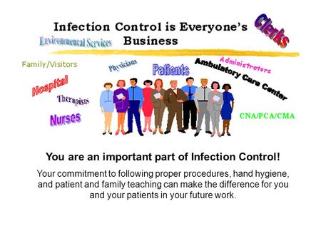 You are an important part of Infection Control! Your commitment to following proper procedures, hand hygiene, and patient and family teaching can make.