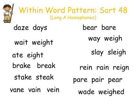 Within Word Pattern: Sort 48 (Long A Homophones) way weigh slay sleigh wait weight daze days bear bare brake break wade weighed stake steak vane vain vein.