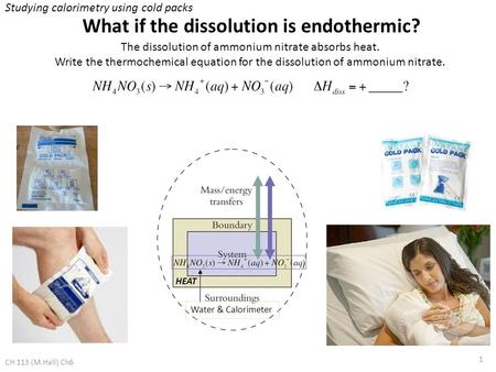 CH 113 (M.Hall) Ch6 1 What if the dissolution is endothermic? The dissolution of ammonium nitrate absorbs heat. Write the thermochemical equation for the.
