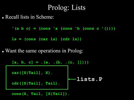 Prolog: Lists Recall lists in Scheme: '(a b c) = (cons 'a (cons 'b (cons c '()))) ls = (cons (car ls) (cdr ls)) Want the same operations in Prolog: [a,