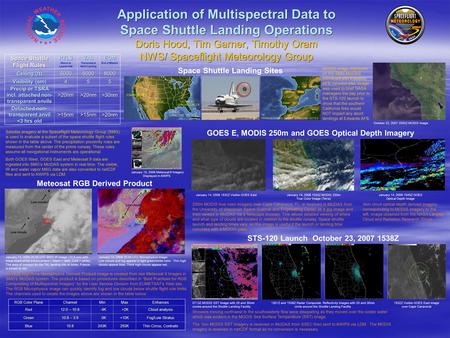 Application of Multispectral Data to Space Shuttle Landing Operations Doris Hood, Tim Garner, Timothy Oram NWS/ Spaceflight Meteorology Group STS-120 Launch.