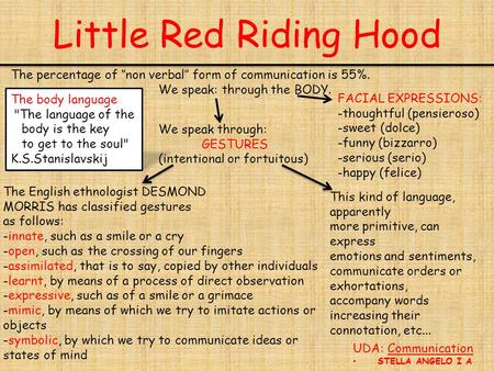 Little Red Riding Hood UDA: Communication STELLA ANGELO I A The percentage of ‘’non verbal’’ form of communication is 55%. We speak: through the BODY.