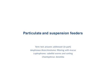 Particulate and suspension feeders Term test answers addressed (in part) Amphioxus Branchiostoma: filtering with mucus Lophophores: sabellid worms and.