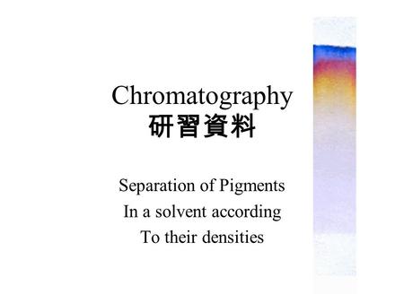 Chromatography 研習資料 Separation of Pigments In a solvent according To their densities.