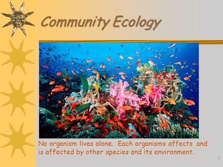 Community Ecology No organism lives alone. Each organisms affects and is affected by other species and its environment. 1.