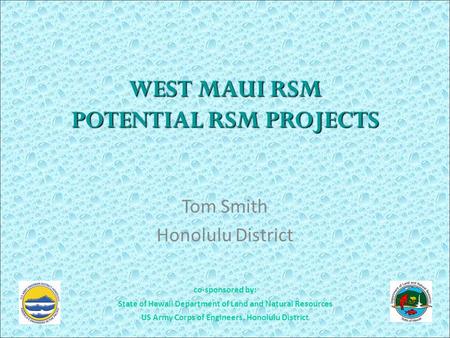 Co-sponsored by: State of Hawaii Department of Land and Natural Resources US Army Corps of Engineers, Honolulu District WEST MAUI RSM POTENTIAL RSM PROJECTS.