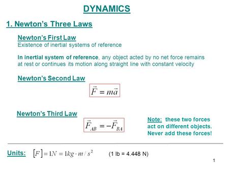 DYNAMICS 1. Newton’s Three Laws Newton’s First Law Newton’s Second Law