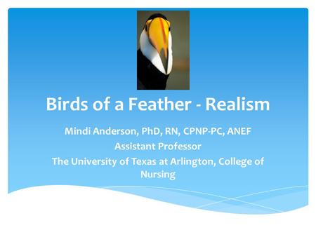 Birds of a Feather - Realism Mindi Anderson, PhD, RN, CPNP-PC, ANEF Assistant Professor The University of Texas at Arlington, College of Nursing.