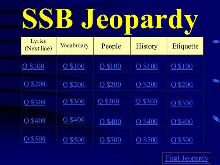 SSB Jeopardy Lyrics (Next line) Vocabulary PeopleEtiquette Q $100 Q $200 Q $300 Q $400 Q $500 Q $100 Q $200 Q $300 Q $400 Q $500 Final Jeopardy History.