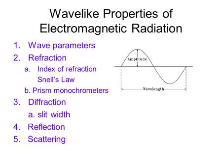 Wavelike Properties of Electromagnetic Radiation 1.Wave parameters 2.Refraction a.Index of refraction Snell’s Law b. Prism monochrometers 3.Diffraction.