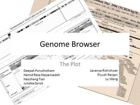 Genome Browser The Plot Deepak Purushotham Hamid Reza Hassanzadeh Haozheng Tian Juliette Zerick Lavanya Rishishwar Piyush Ranjan Lu Wang.