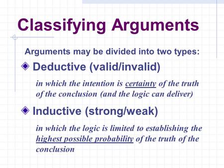 Classifying Arguments Deductive (valid/invalid) Inductive (strong/weak) Arguments may be divided into two types: in which the intention is certainty of.