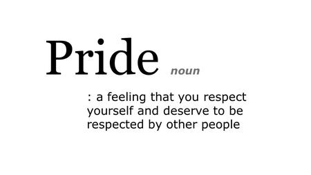 Pride noun : a feeling that you respect yourself and deserve to be respected by other people.