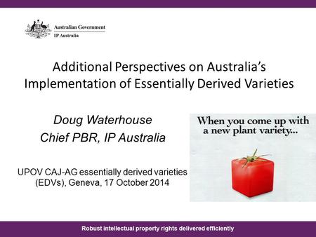Robust intellectual property rights delivered efficiently Additional Perspectives on Australia’s Implementation of Essentially Derived Varieties Doug Waterhouse.