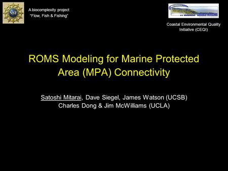 ROMS Modeling for Marine Protected Area (MPA) Connectivity Satoshi Mitarai, Dave Siegel, James Watson (UCSB) Charles Dong & Jim McWilliams (UCLA) A biocomplexity.