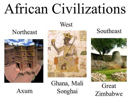 African Civilizations West Northeast Axum Ghana, Mali Songhai Southeast Great Zimbabwe.