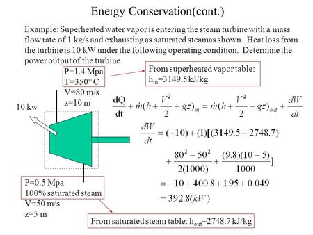 Energy Conservation(cont.) Example: Superheated water vapor is entering the steam turbine with a mass flow rate of 1 kg/s and exhausting as saturated steamas.