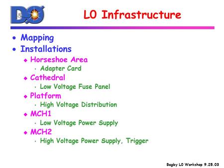 Bagby L0 Workshop 9.25.03 L0 Infrastructure  Mapping  Installations u Horseshoe Area s Adapter Card u Cathedral s Low Voltage Fuse Panel u Platform s.