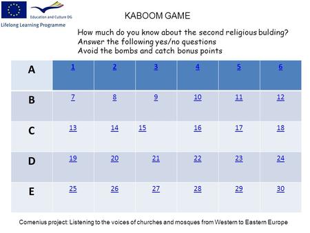 A 123456 B 789101112 C 131415161718 D 192021222324 E 252627282930 KABOOM GAME How much do you know about the second religious bulding? Answer the following.